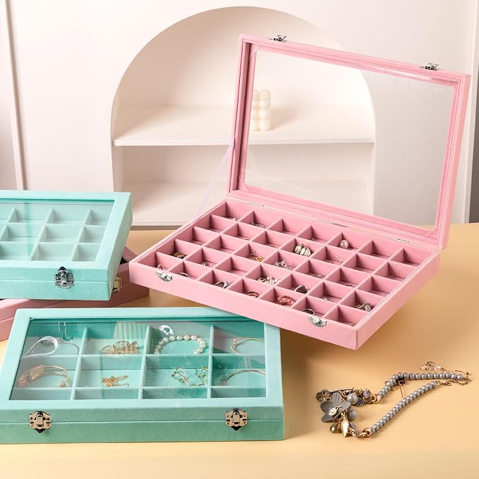 Frebeauty Velvet Jewelry Tray,35 Grid Jewelry Organizer with Clear Lid,Earring Holder Organizer Case with Clasp,Drawer Insert for Rings Studs,13.8 x 9.5 x 2 Inches,Gift for Women Girls(Turquoise) - Image 7