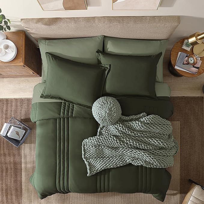 Monbix California King Size Comforter Set - 7 Pieces Bed in a Bag California King, Olive Green Bedding Sets, All Seasons Comforter Bed Set with Sheets, Pillowcases & Shams