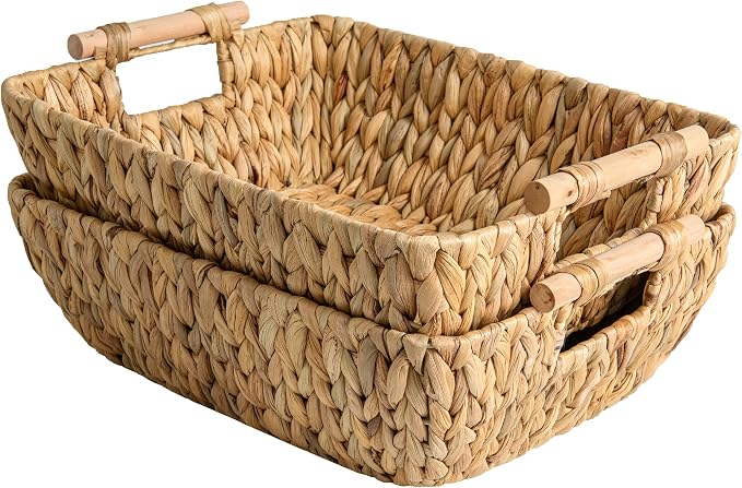 StorageWorks Hand-Woven Storage Baskets with Wooden Handles, Water Hyacinth Wicker Baskets for Organizing, 2 Pack by StorageWorks