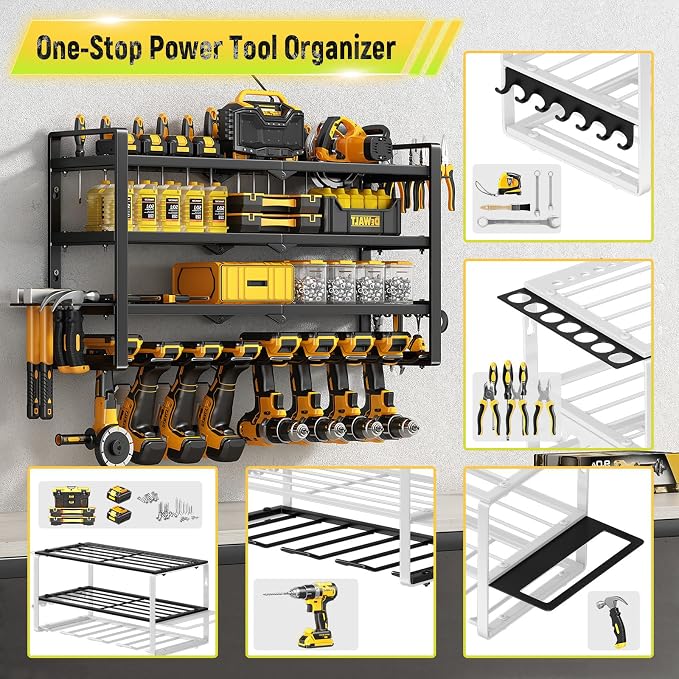 Hipidian Power Tool Organizer Wall Mount - Storage Rack with 4 Drill Holders for Drills Cordless Tools. Heavy Duty Iron Garage Tool Organizer Storage for Workshop Shed (8 Slots 4 Layers) - Image 3