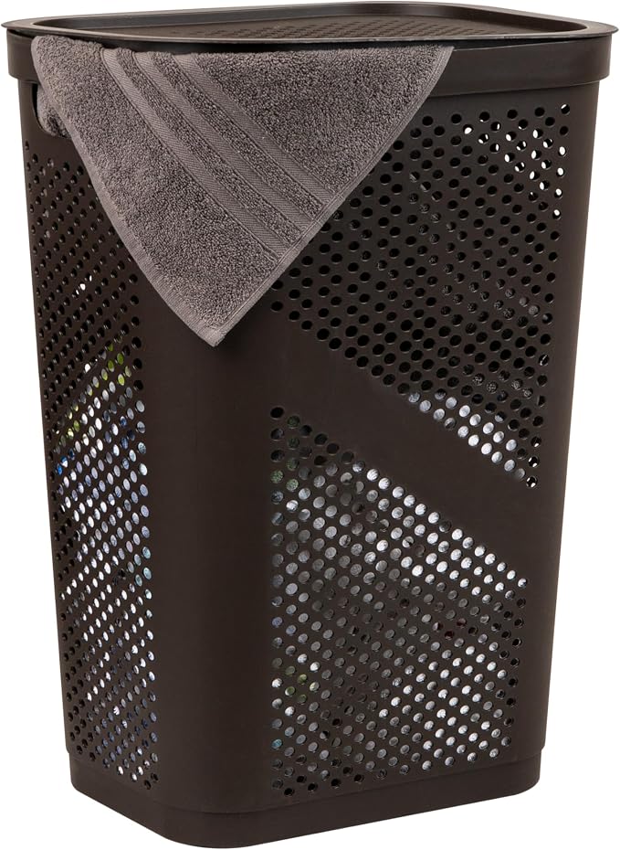 Mind Reader Slim Laundry Hamper with Lid, 60L Clothes Basket, Ventilated Plastic, Brown by MindReader