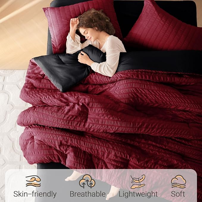 MUXHOMO 7 Pieces King Comforter Set, Seersucker Bed in a Bag King Size, All Season Luxury Bedding Set with Comforter, Flat Sheet, Fitted Sheet, Pillowcases & Shams, Red & Black
