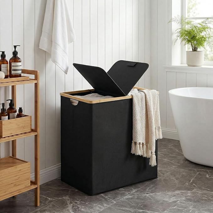 efluky Laundry Hamper with Lid, Double Laundry Hamper with 2 Removable Bags, 2 Section Laundry Basket with Bamboo Handles for Bathroom, Bedroom & Laundry Room, 140L (36.9 Gallon) Black - Image 2