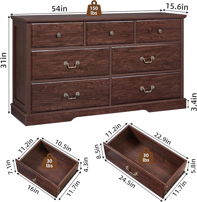 Farmhouse Dressers & Night Stand Set of 4,54" Wide 7 Drawer Dresser & 45" Tall Chest of Drawers, 18" Wide 2 Drawers End Table with Charging Station Set of 2,Furniture Dresser Sets for Home Walnut