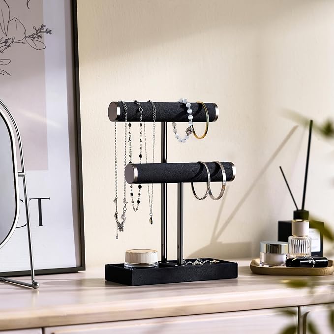 bussdis 2 Tier Bracelet Holder Display - Detachable T Bar Black Velvet Bracelet Holder, Jewelry Holder Organizer for Bracelet, Necklace, Earrings, Rings - Image 3