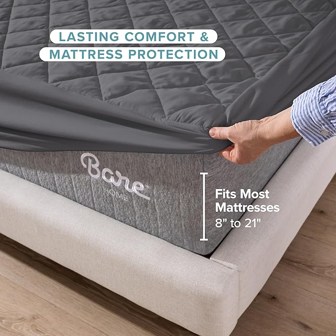 Bare Home Queen Quilted Fitted Mattress Pad - Cooling Mattress Cover - Easily Washable - Elastic Fitted Cover for Mattress - Stretch-to-Fit up to 15 Inches Deep (Queen, Grey)
