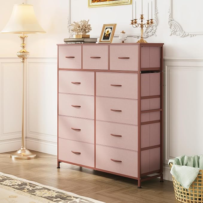 WLIVE Tall Dresser for Bedroom, Fabric Dresser Storage Tower, Chest of Drawers Organizer Unit with 11 Drawers, Storage Cabinet, Hallway, Closets, Steel Frame, Wood Top, Pink - Image 2