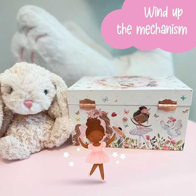 The Memory Building Co Black Ballerina Musical Jewelry Box Plays Classic Melody, Storage Organizer Music Box for Kids Ages 6-12 MDF Wood w/ 2 Fabric Lined Ring Bracelet Necklace Treasure Compartments - Image 6