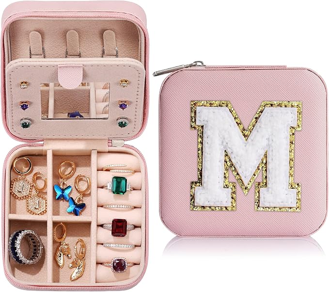 Parima Graduation Travel Gifts for Women Teen Girls, Personalized Gift for Women Girls Graduation Travel Essentials Small Jewelry Box Organizer Initial Jewelry Case With Letter M, Pink by PARIMA