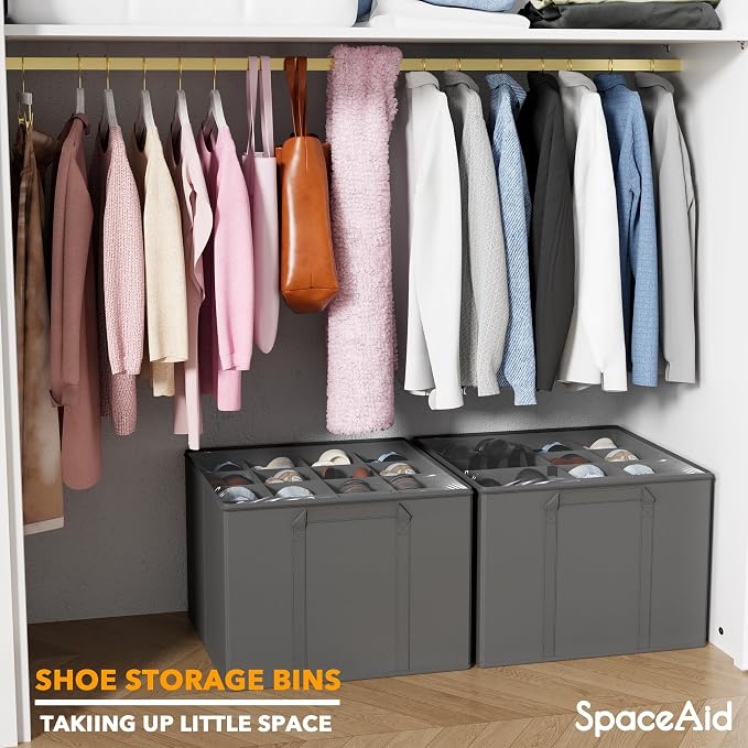 SpaceAid Shoe Organizer for Closet, 2 Pack Foldable Shoe Storage Containers Baskets Boxes Bins w/Adjustable Dividers, Fits 16-32 Pairs, Grey - Image 6