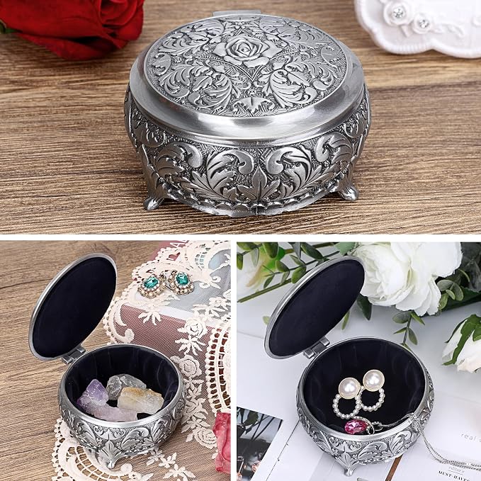 Hipiwe Metal Jewelry Box Vintage Ring Holder Trinket Organizer Small Round Earring Necklace Storage Box Jewelry Display Box Keepsake Box Decorative Jewelry Box Gift for Women - Image 2