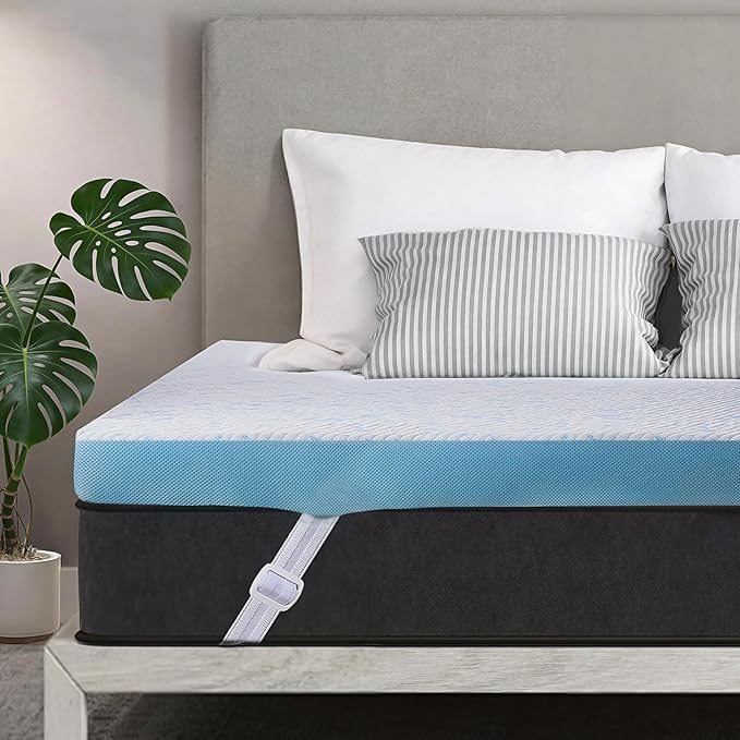 OhGeni 2 Inch Cooling Queen Size Gel Memory Foam Mattress Topper Pad,Soft Bed Cover with Anti-Slip Base &Zipper,Fits 6"-19" Mattresses with Straps,Extra Comfort for Sleep