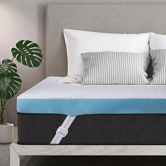 OhGeni 2 Inch Cooling Queen Size Gel Memory Foam Mattress Topper Pad,Soft Bed Cover with Anti-Slip Base &Zipper,Fits 6"-19" Mattresses with Straps,Extra Comfort for Sleep