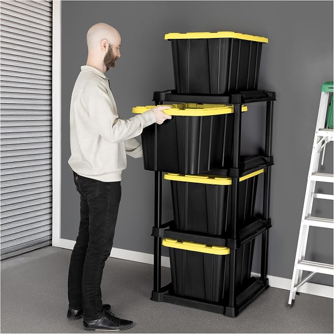 Sterilite 4 Tier Tote Rack, Vertical Plastic Organizer with 4 Pack 27 Gallon Industrial Storage Totes, Black - for Garages, Workshops, or Basements - Image 6