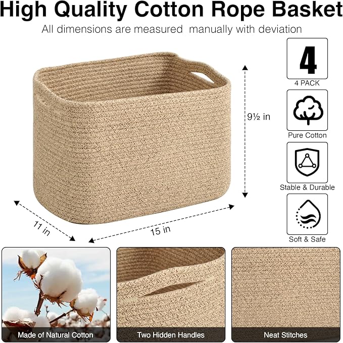 ICERZCZ Storage Baskets for Organizing & Shelves, Woven Cotton Rope Organization Bins for Dog Toys, Clothes, Books, Nursery Organizer, 15" Lx11''Wx9.5''H, (4 Packs) Brown - Image 3