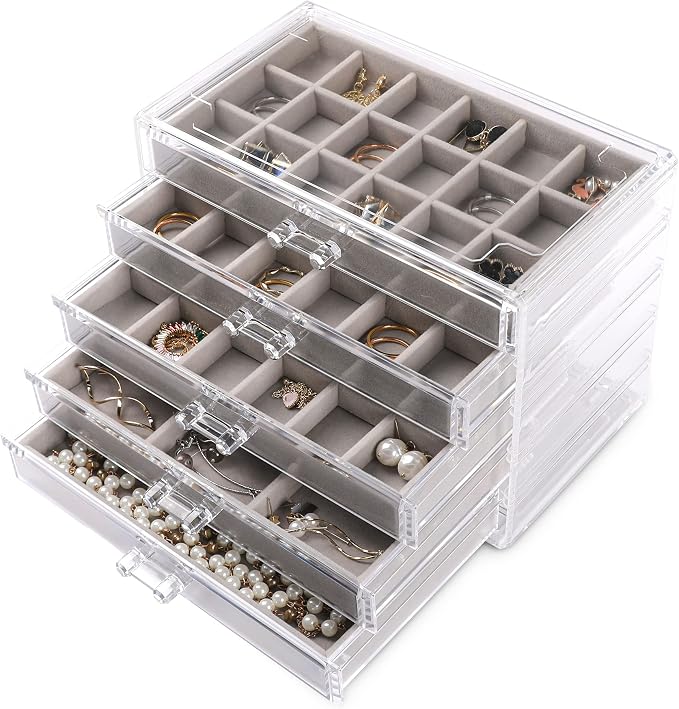 Frebeauty Acrylic Jewelry Organizer Earring Organizer Box with 5 Drawers Earring Holder Organizer with Velvet Trays Clear Jewelry Box for Women Earring Display for Rings Studs(Grey) by Frebeauty