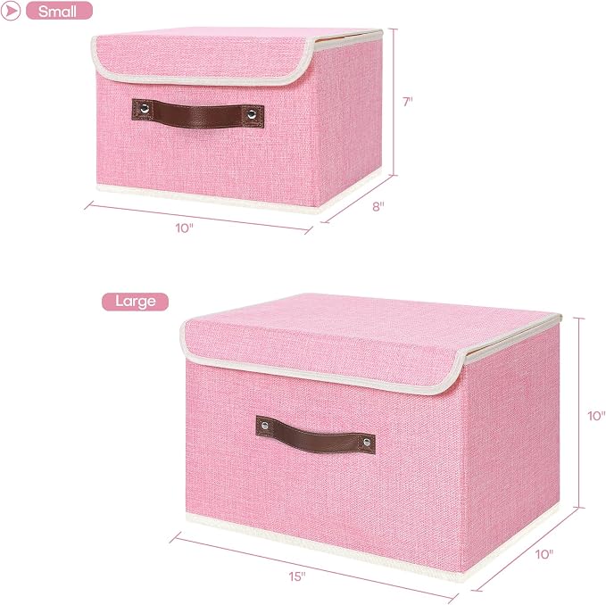 ANMINY Storage Bin with Lid Storage Boxes with PU Leather Handles PP Plastic Board Decorative Foldable Lidded Cotton Linen Fabric Home Cubes Baskets Closet Organizer Container - Pink, Small Size - Image 5
