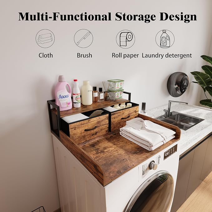 Unionly 2-Tier Washer Dryer Countertop single with shelf and fabirc drawer,laundry topper with Edge and Non-Slip Pad for Washer Dryer Laundry Hamper Counter Storage Organization (rustic brown, single) - Image 3
