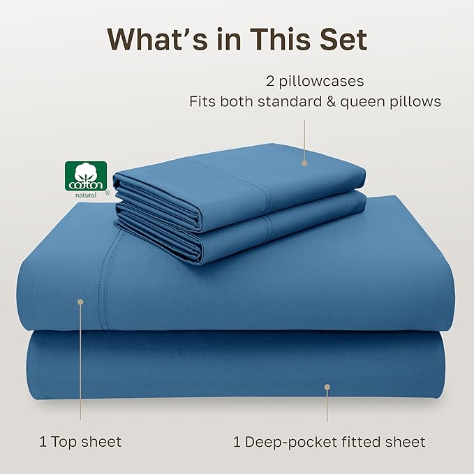 California Design Den Natural 100% Cotton Bed Sheets Queen Size Set - Luxury 600 Thread Count Sateen, Durable Fully Elasticized Deep Pocket Bedsheets Queen Size Bed - Parisian Blue