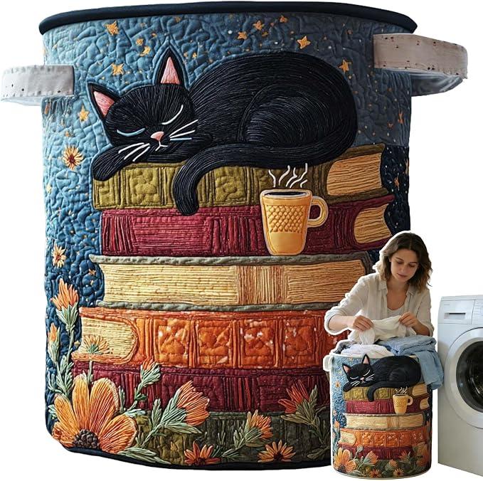 Cat Quilted Laundry Basket - 18"/22"/28", 2026 Large Quilted Cat Laundry Basket with Handles, Cozy Cat Fabric Storage Hamper for Nursery, Bedroom, Laundry Room, Clothes & Toys (1, L 20"X28”) by Unknown