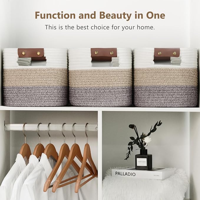 ECDYQXVU Cotton Rope Basket, Storage Baskets with Handle, 15x10x9 Inch Woven Basket for Shelves, Laundry, Towels, Clothes, Books, (Gradient Brown 1 Pack) - Image 5