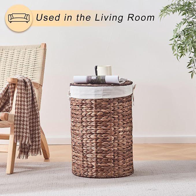Round Water Hyacinth Laundry Hamper with Lid Handwoven Wicker Basket with Handles for Dirty Clothes, Storage, and Organization Ideal for Bedroom, Bathroom, and Laundry Room, No Assembly Required, 60L - Image 6