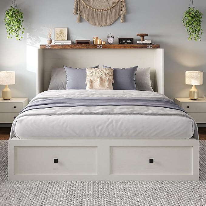 LUXOAK Full Size Murphy Bed with Charging Station, Cabinet Bed with Large Storage Drawer for Home Office or Small Room, Full Foldable Platform Bed, White
