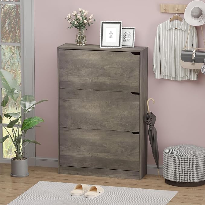 BORNOON Shoe Cabinet with 3 Flip Drawers, Hidden Wood Shoe Cabinet,Freestanding Shoe Storage Cabinet for Entryway Hallway - Image 3