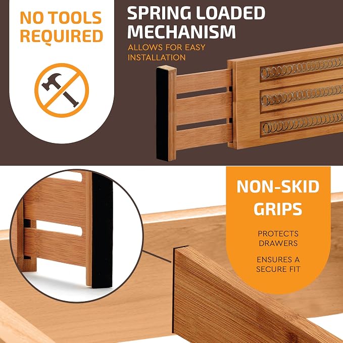 6-Pack Drawer Dividers - 6 Inches High, Adjustable 11 to 17 Inches Bamboo Drawer Organizers, Large Deep Expandable Separators for Clothes, Dresser, Bedroom, Bathroom, Baby , Office, Kitchen Utensils - Image 7