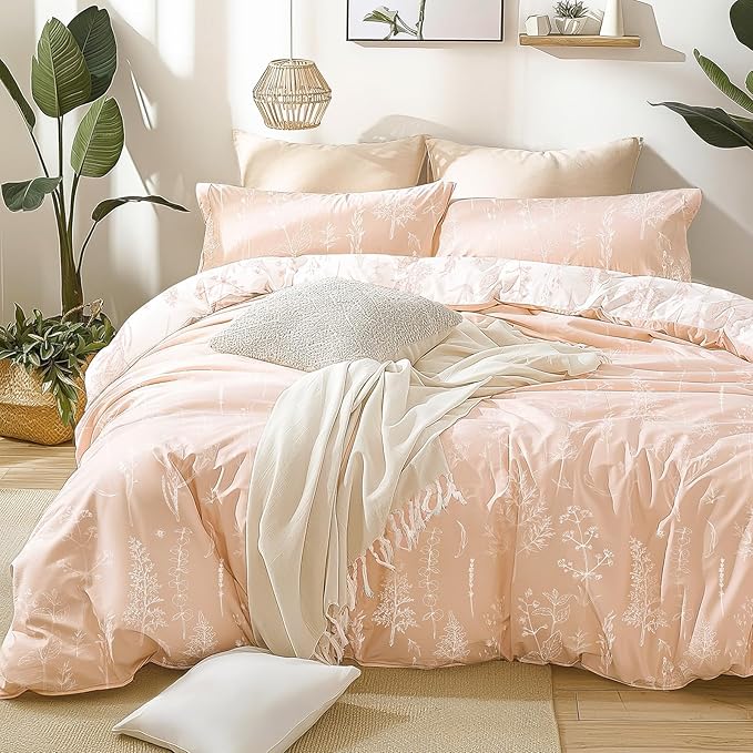 Love's cabin Pink Queen Comforter Set - Queen Size Comforter Set, 3 Pieces Cute Floral Bedding Sets for All Seasons,1 Soft Reversible Botanical Flowers Comforter and 2 Pillow Shams