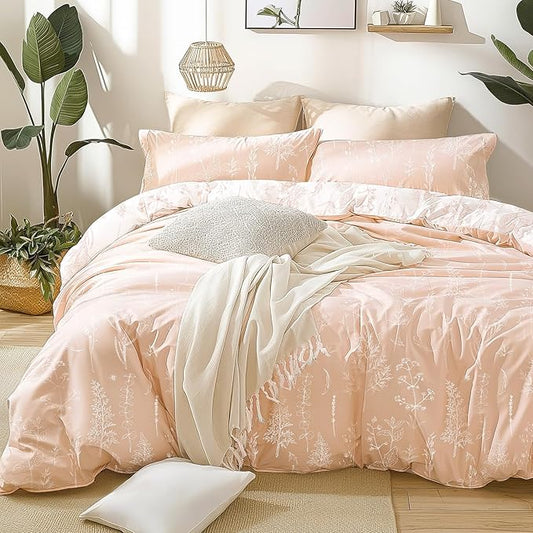 Love's cabin Pink Queen Comforter Set - Queen Size Comforter Set, 3 Pieces Cute Floral Bedding Sets for All Seasons,1 Soft Reversible Botanical Flowers Comforter and 2 Pillow Shams