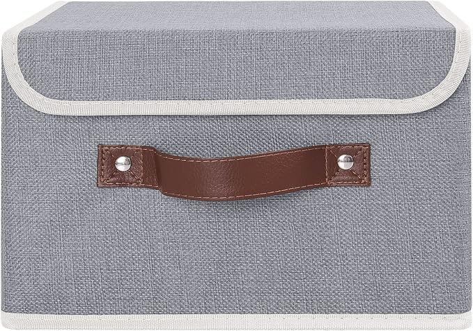 ANMINY Storage Bin with Lid Storage Boxes with PU Leather Handles PP Plastic Board Decorative Foldable Lidded Cotton Linen Fabric Home Cubes Baskets Closet Organizer Container - Gray, Small Size - Image 2