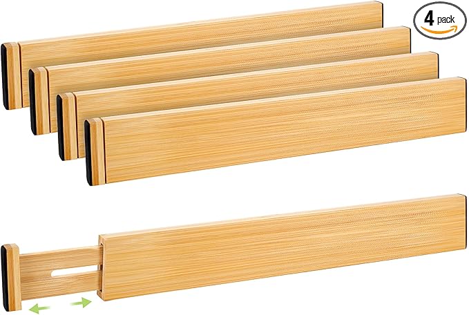 Fyvva Drawer Divider, Adjustable Bamboo Kitchen Drawer Organizer, Spring Loaded Drawer Organizer, Dresser Separators for Kitchen, Bathroom, Clothes, Office Desk Storage (Natural, 4 Pack Large) by Fyvva