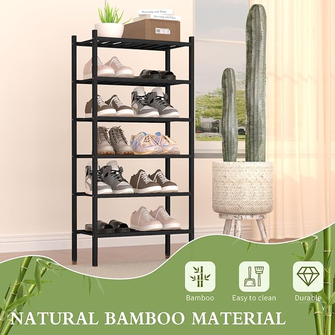 ROMGUAR CRAFT 6-Tier Bamboo Small Shoe Rack, Free Standing Wood Shoe Shelf Storage Organizer for Closet Entryway Stackable (Black) - Image 4