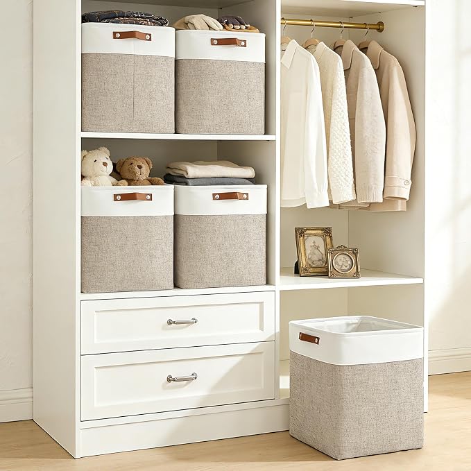 Bagnizer Large Fabric Storage Baskets | 50L Storage Bins, Decorative Linen Closet Baskets with Handles for Organizing, Shelf, Toys, Clothes, Home, Office, Nursery, 17x12x15Inches (Beige&White) - Image 2