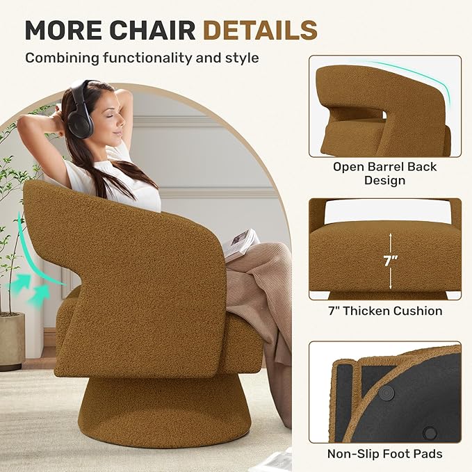 Nebuaegis Swivel Accent Chair Set of 4, Modern Comfy Teddy Barrel Chairs, Oversized Upholstered Round Arm Chair for Living Room, Bedroom, Reading Room, Brown