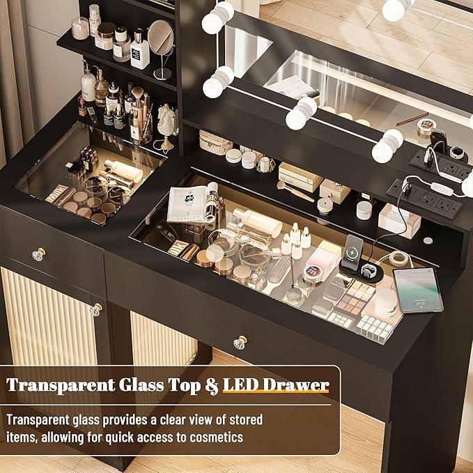 INNOD 40" Vanity Desk with Large Mirror and Lights, Modern Glass Top Makeup Vanity Set with Power Outlet, Drawers and Cabinet, 3 Lighting Color Adjustable Dressing Table for Bedroom, Black
