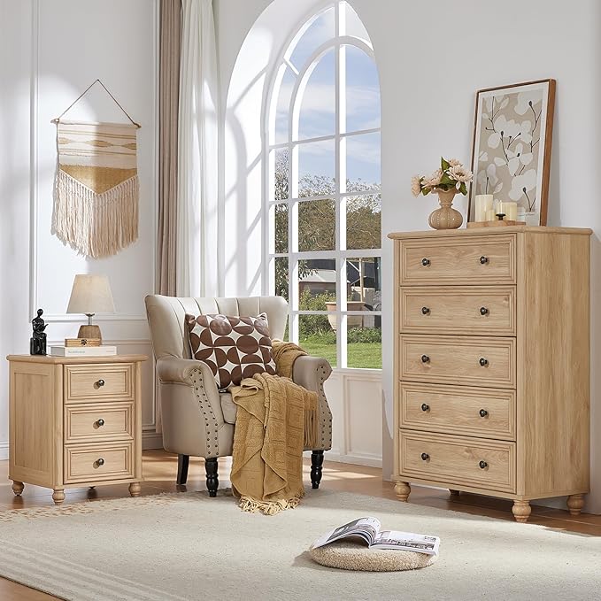 RWYHG 18" Farmhouse Night Stand Set of 2, Natural Wood Nightstand with 3 Drawers, Bedside End Table with Storage and Roman Column, Bed Side Tables Cabinet for Bedroom, Living Room, and Closet