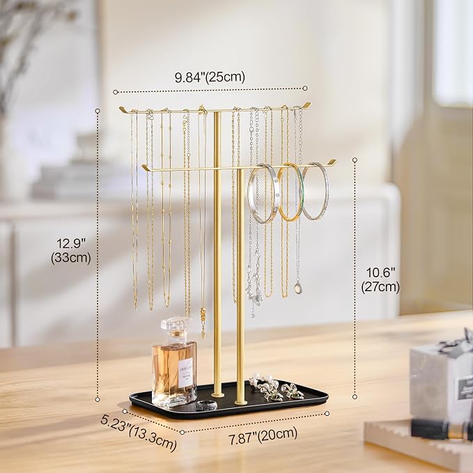 pickpiff Necklace Holder Jewelry Organizer Stand – 2‑Tier T‑Bar Jewelry Display Tree with Tray for Countertop Necklace Bracelet Earring Storage, Vanity Dresser Bathroom Sink, Black-Gold - Image 7