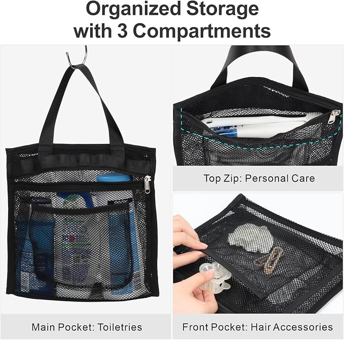 F-color Mesh Shower Caddy Portable Hanging - 3 Pockets Small Shower Bag Tote with Zipper Closure for Camping, Gym Lockers, Travel, Toiletry, Quick Dry Bathroom Essentials with S Hook, Black - Image 4