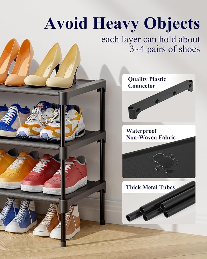 Kitsure Shoe Rack - Non-Woven Shoe Rack Shelf, Shoe Organizer for Closet, Entryway, Garage & Corridor, Stackable Shoe Shelves, 27.5" Wide - 3 Tier, Black - Image 5
