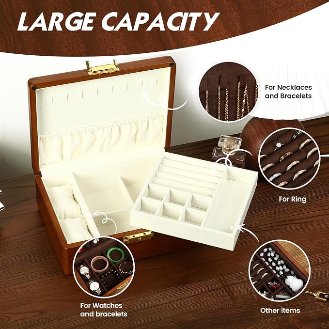 Solid Walnut Wood Jewelry Organizer Box with Lock,2-Layer Vintage Jewelry Box for Men Women, Velvet-Lined Storage for Earrings Rings Necklaces Bracelets Watches Gift Beige - Image 8