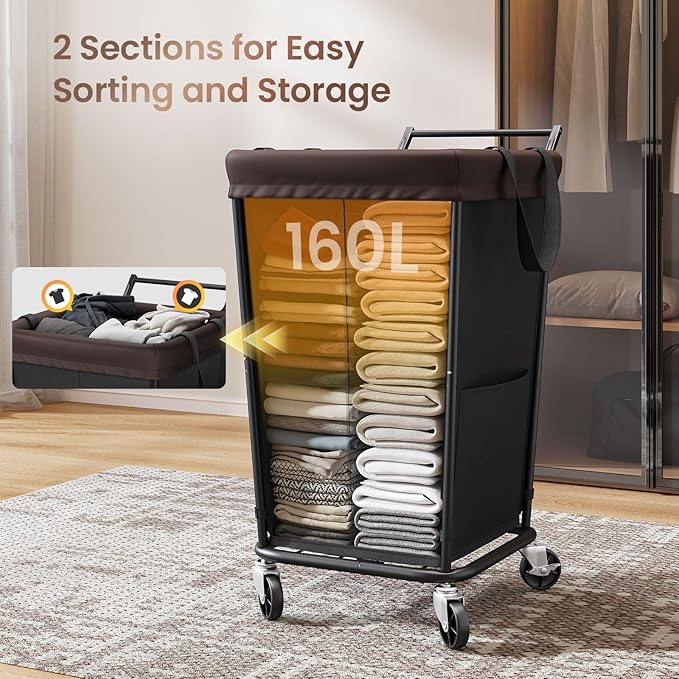 160L Laundry Hamper with Wheels and Handle, 2-Section Rolling Hamper for Laundry, Large Laundry Basket with Wheels, Rolling Laundry Basket Clothes Hamper for Home, Bathroom and Dorm(Black) - Image 4