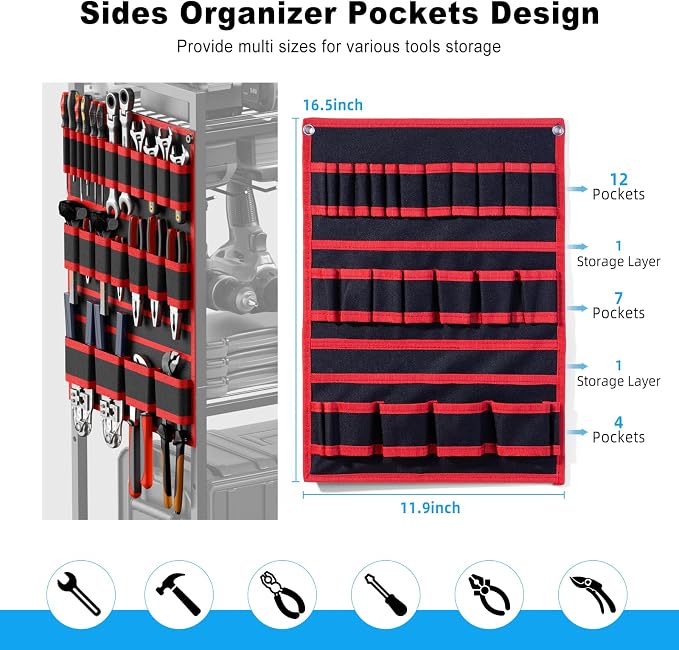 JUNNUJ Large Power Tool Organizer Cart with Charging Station, Garage Floor Standing Rolling Drill and Tools Battery Storage Cart on Wheels, Heavy Duty Utility Rack with 8 Outlet 10 FT Power Strip, Red - Image 3