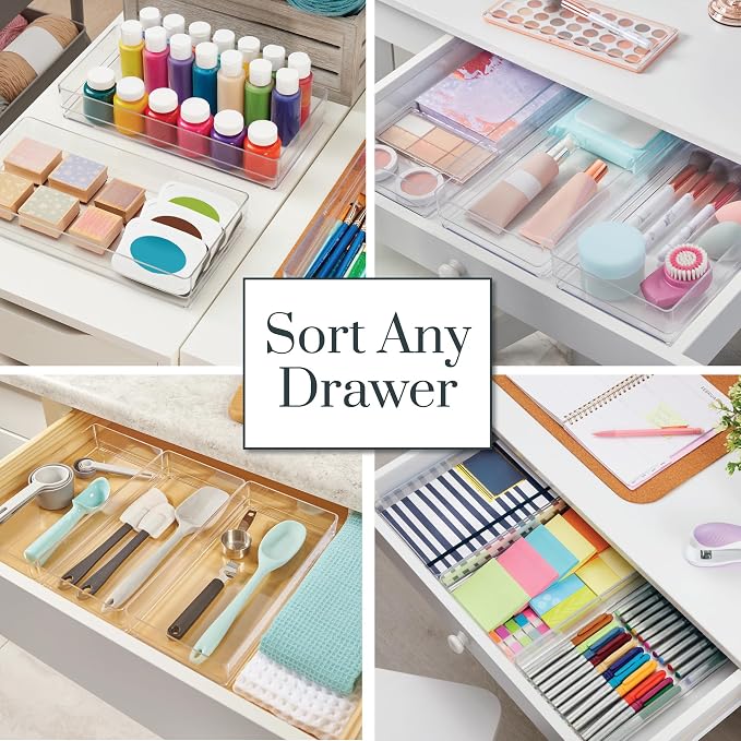 STORi SimpleSort 3-Piece Stackable Clear Drawer Organizer Set | 12" x 6" x 2" Rectangle Trays | Wide Makeup Vanity Storage Bins and Office Desk Drawer Dividers | Made in USA - Image 4