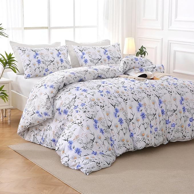 MUXHOMO Blossom Blue Bed in a Bag King 7 Pieces, King Comforter Set Reversible Botanical Flowers Design, Ultra Soft & Breathable Bedding Sets with Comforter, Sheets, Pillowcases & Shams