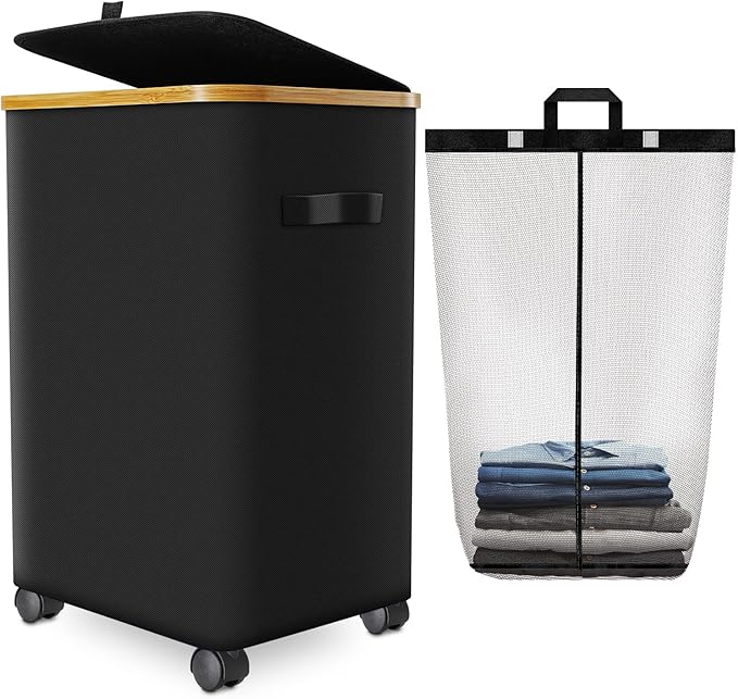 Laundry Hamper with Wheels,20 Gal (75L) Laundry Basket with lid Rolling Clothes Hamper Foldable Dirty Clothes Basket on wheels with Bamboo Frame and Bag for Bedroom, Dorm, Laundry Room-Black by Wuevu