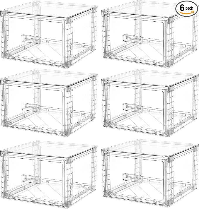 Vtopmart 6 Pack Clear Stackable Storage Bins, Easily Assemble Bathroom Organizers,Plastic Storage Bins for Kitchen Pantry,Under Sink Organization(Medium) by Vtopmart