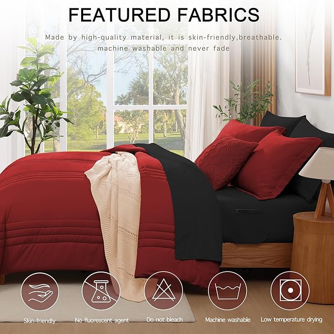 Monbix Queen Comforter Set - 7 Pieces Bright Red Bed in a Bag Queen Bedding Sets with Comforters, All Seasons Comforter Bed Set with Sheets, Pillowcases & Shams