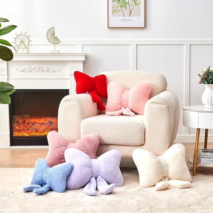 Dusty Blue Bow Pillow,12'' Bow Decorative Pillows with Faux Rabbit Fur,Soft Bow Throw Pillows Aesthetic Bow Shaped Pillow for Bed Sofa Couch Home Decor
